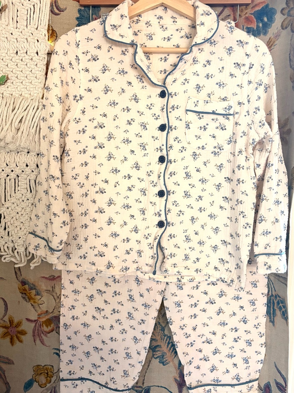 Cream Floral Button-Up Pajama Set with Blue Trim